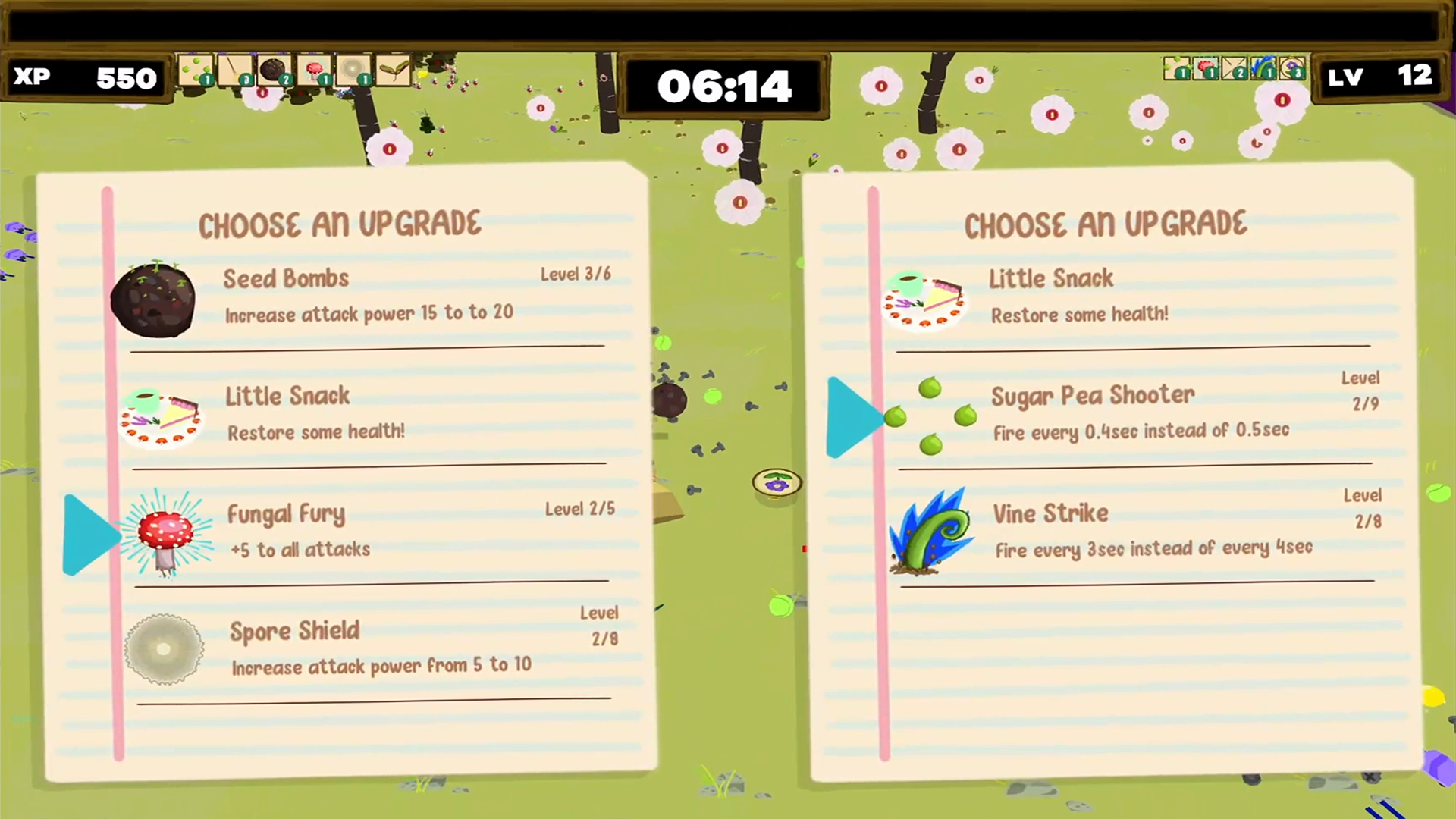 Hardcore Cottagecore two-player co-op mode with two players selecting from a variety of cottagecore-themed upgrades