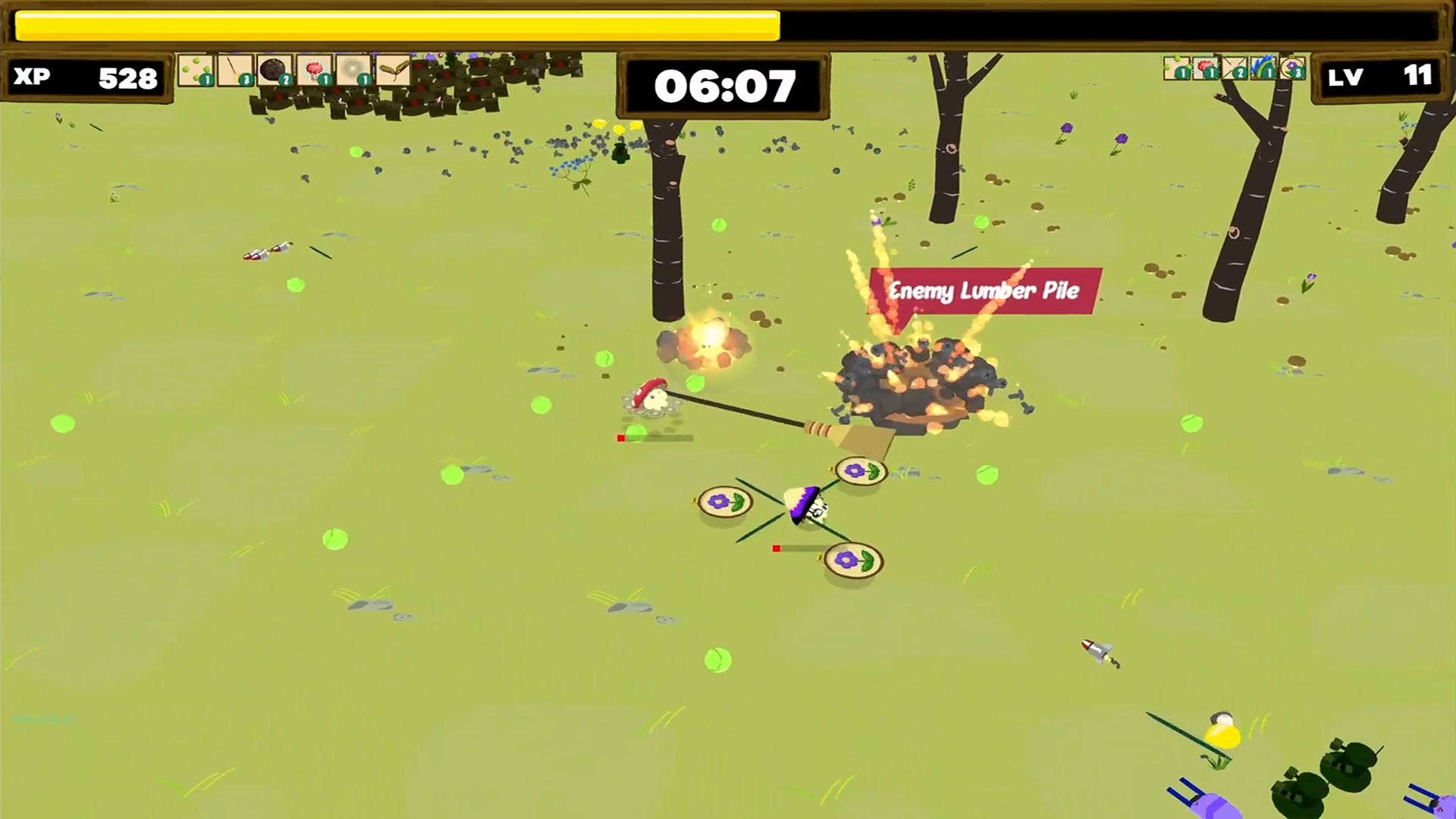 Hardcore Cottagecore two-player co-op mode with Mushboy and Goth Girlfriend battling robots and destroying an enemy lumber pile